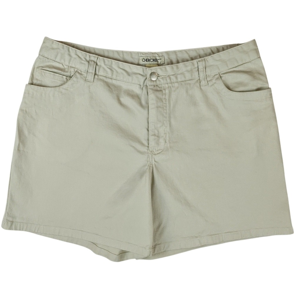 Cherokee Brand Womens Khaki Chino Shorts Tan Size 12 Mid Rise Stretch Cotton